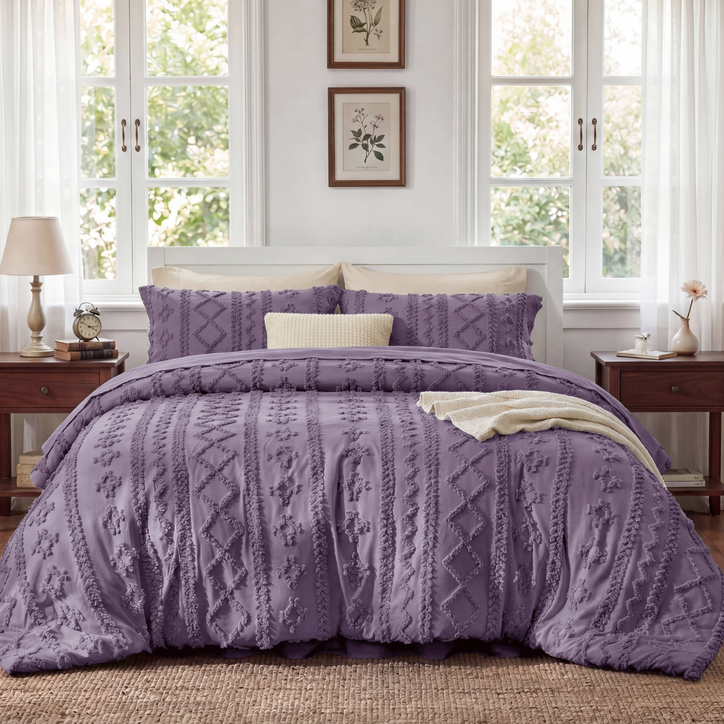 U Bedsure U by Bedsure Tufted Boho Queen Comforter Set, 3 Pieces Farmhouse Shabby Chic Embroidery Bed Set, Soft Jacquard Grayish Purple Comforter for All Seasons