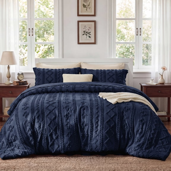 U by Bedsure Queen Tufted Boho Comforter Set, 3 Pieces Farmhouse Shabby Chic Embroidery Bed Set, Soft Jacquard Navy Comforter for All Seasons