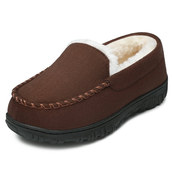 CCVON ​Boys Girls Moccasin Slippers Memory Foam Kids House Slippers Indoor Outdoor Rubber Outsole Brown 10 Toddler