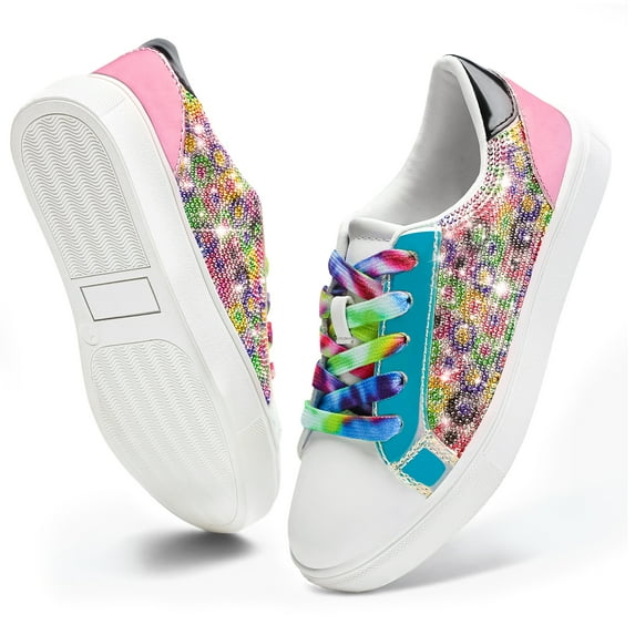 CCVON Girls Sneakers Sparkle Glitter Low Top Sneakers Fashion Colorful Casual Canvas Shoes Colorful Big Kid 5