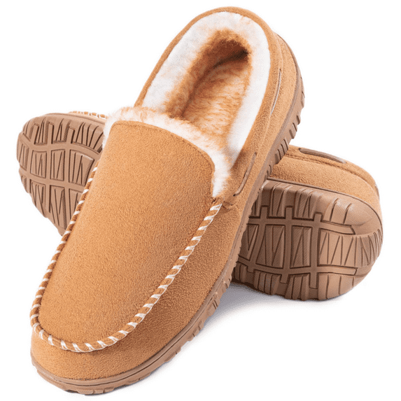 CCVON Men's Slippers Mens Moccasin Slippers Mens Memory Foam House Slippers Indoor Outdoor Bedroom Shoes Anti-slip Rubber Sole Male Beige 08