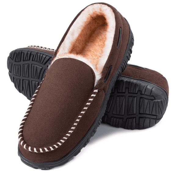 CCVON Mens Moccasin Slippers Comfy Fuzzy Lining House Shoes Warm Memory Foam Slippers Indoor Outdoor Mens Slippers Male Brown 14