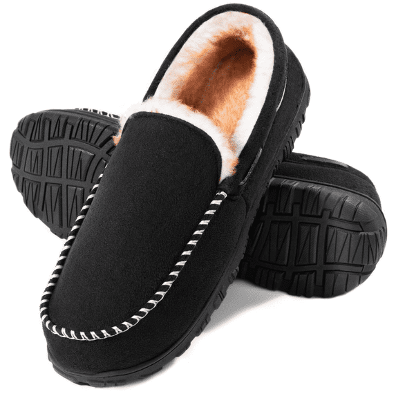 CCVON Slippers for Men Comfy Moccasins for Men Memory Foam House Shoes Indoor Outdoor Warm Moccasin with Comfy Fuzzy Lined Hard Rubber Outsole Male Black 14