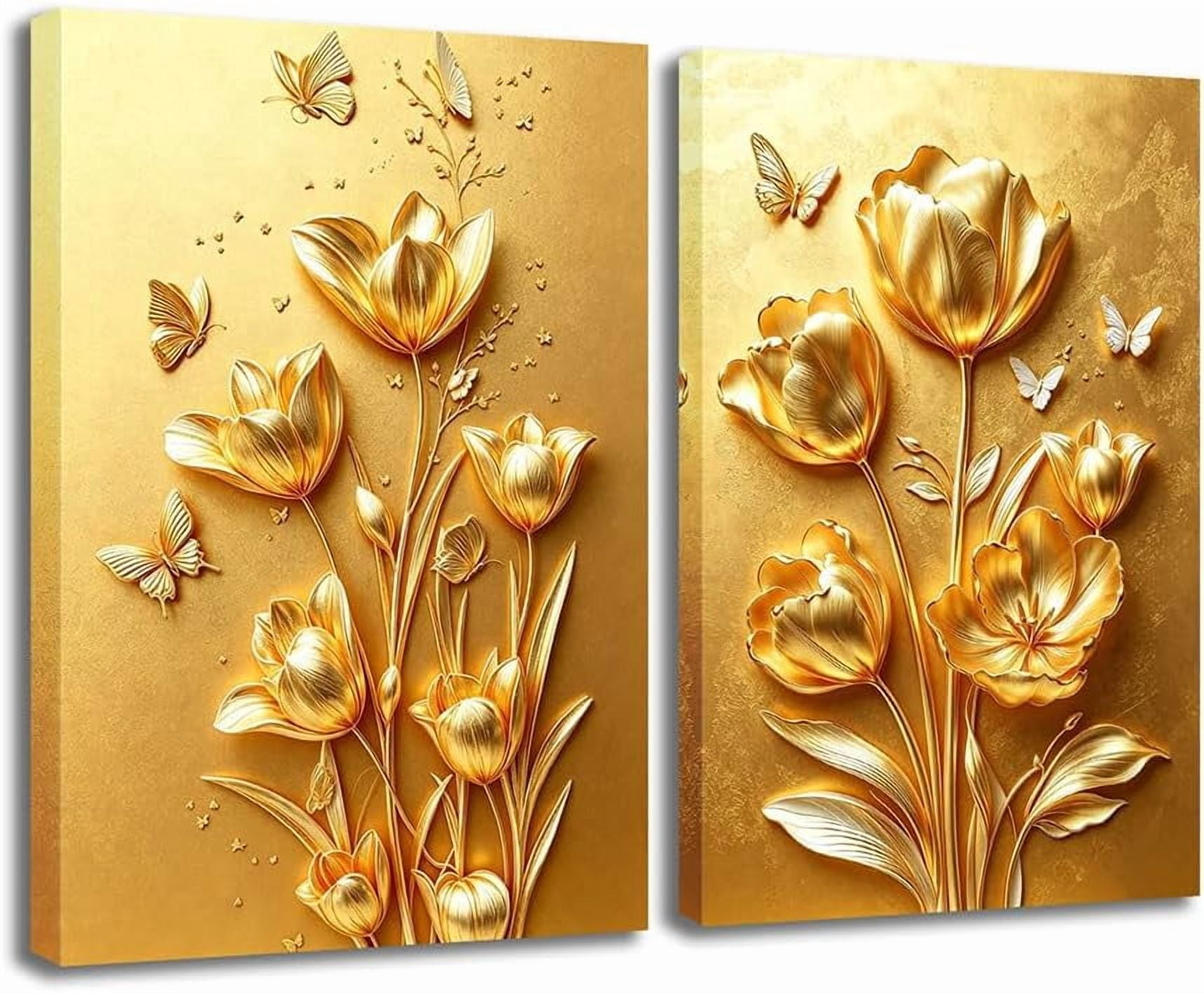 CCWACPP 2 Piece Flower Canvas Wall Art Gold and Gold Wall Decor 3D ...