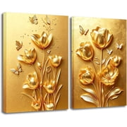 CCWACPP 2 Piece Flower Canvas Wall Art Gold and Gold Wall Decor 3D Relief Floral Painting Prints Floral Butterfly Textured Artwork Abstract Home Decor Framed 11.00" x 14.00" x 2PCS