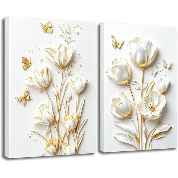 CCWACPP 2 Piece Flower Canvas Wall Art White and Gold Wall Decor 3D Relief Floral Painting Prints Floral Butterfly Textured Artwork Abstract Home Decor Framed (11.00" x 14.00" x 2PCS)