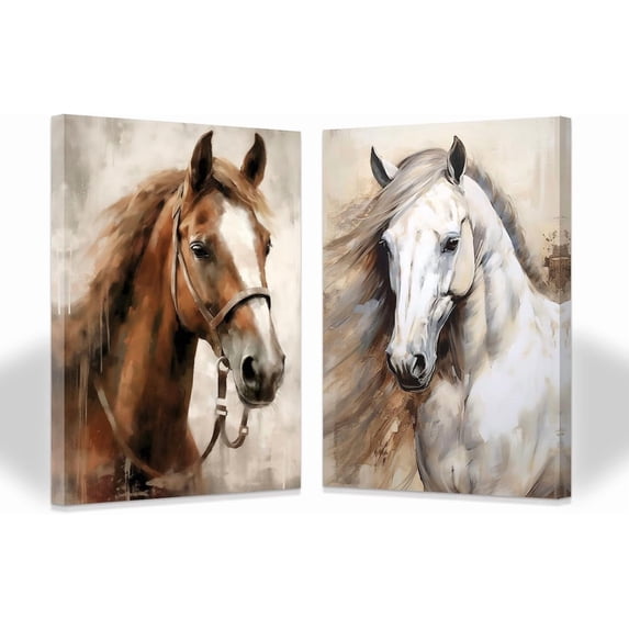 CCWACPP 2 Piece Horse Wall Art White Horse Painting Brown Horse Picture Wild Animal Canvas Print for Western Farmhouse Bedroom Office Decor Framed (24.00" x 36.00" x 2PCS)