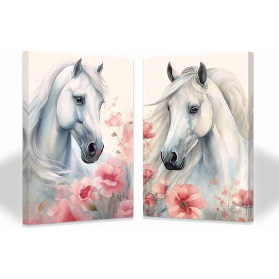 CCWACPP 2 Piece Horse Wall Art White Horse Pink Flower Painting Horse Floral Picture Wild Animal Canvas Print for Farmhouse Bedroom Office Decor Framed (12.00" x 16.00" x 2PCS)