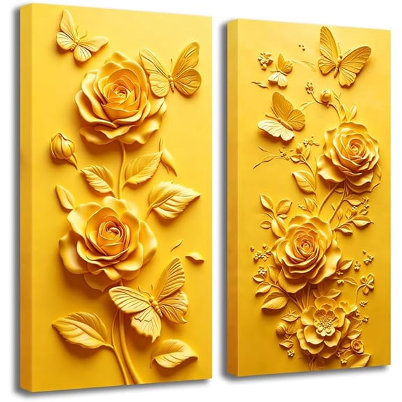 CCWACPP 3D Flower Wall Art Yellow Wall Decor Relief Rose Butterfly Painting 2 Piece Canvas Print Textured Floral Artwork for Living Room Bedroom Home Decor Framed (8.00" x 16.00" x 2PCS)