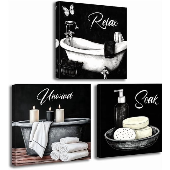 CCWACPP Black Bathroom Wall Art 3 Piece Set Relax Soak Unwind Canvas Pictures Bathtub Painting for Spa Bathroom Toilet Home Decor Framed (10.00" x 10.00" x 3PCS)