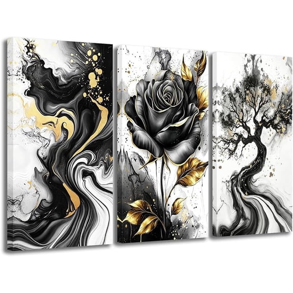 CCWACPP Black and Gold Wall Art Black Abstract Wall Decor 3 Piece Set Abstract Rose Tree Pictures Modern Canvas Prints Bathroom Living Room Bedroom Home Office Decor Framed (8.00" x 16.00" x 3PCS)