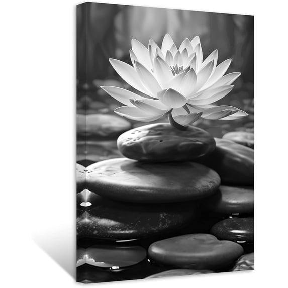 CCWACPP Black White Zen Bathroom Wall Art Lotus Picture for Wall Spiritual Water Lily Canvas Prints Spa Artwork for Meditation Yoga Room (12.00" x 18.00")