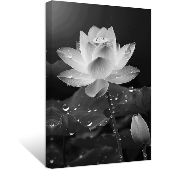 CCWACPP Black White Zen Bathroom Wall Art Lotus Picture for Wall Spiritual Water Lily Canvas Prints Spa Artwork for Meditation Yoga Room (16.00" x 24.00")