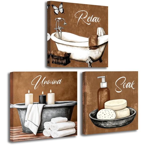 CCWACPP Brown Bathroom Wall Art 3 Piece Set Relax Soak Unwind Canvas Pictures Bathtub Painting for Spa Bathroom Toilet Home Decor Framed (10.00" x 10.00" x 3PCS)