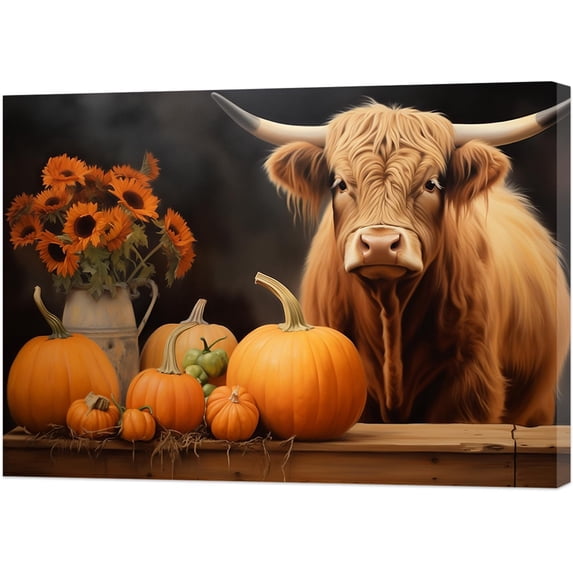 CCWACPP Highland Cow Wall Art Cattle Painting with Sunflower Pumpkin Pictures Farm Animal Canvas Prints Fall Farmhouse Decor for Home Kitchen Framed (20.00" x 30.00")