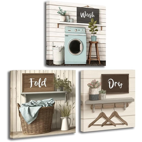 CCWACPP Laundry Room Decor Wall Art Beige Laundry Sign Picture Canvas Farmhouse Wash Dry Fold Painting Rustic Bathroom Hotel Decor Framed (24.00" x 24.00" x 3PCS)