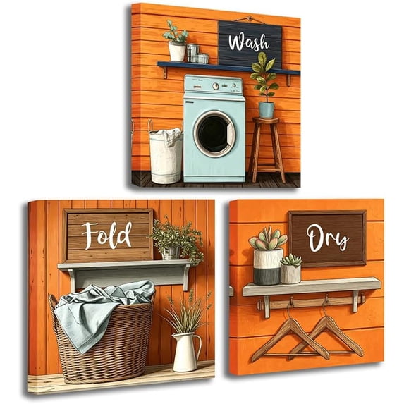 CCWACPP Laundry Room Decor Wall Art Orange Laundry Sign Picture Canvas Farmhouse Wash Dry Fold Painting Rustic Bathroom Hotel Decor Framed (20.00" x 20.00" x 3PCS)