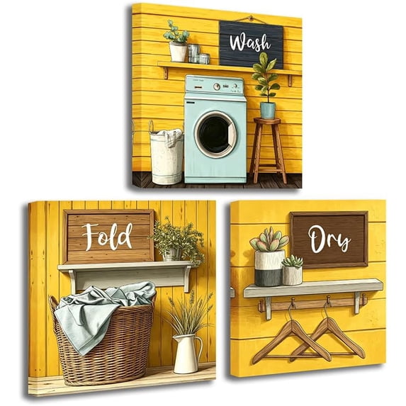 CCWACPP Laundry Room Decor Wall Art Yellow Laundry Sign Picture Canvas Farmhouse Wash Dry Fold Painting Rustic Bathroom Hotel Decor Framed (16.00" x 16.00" x 3PCS)