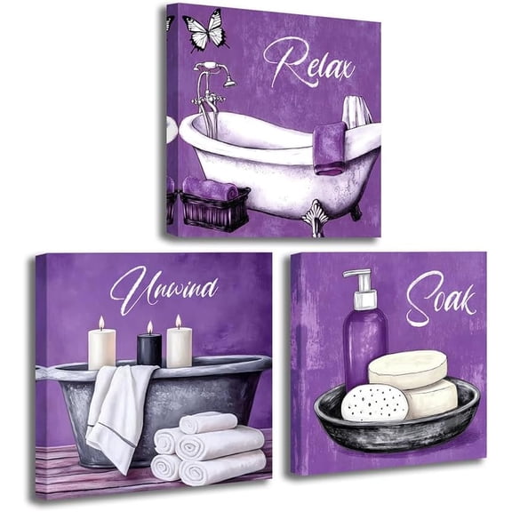 CCWACPP Purple Bathroom Wall Art 3 Piece Set Relax Soak Unwind Canvas Pictures Bathtub Painting for Spa Bathroom Toilet Home Decor Framed (10.00" x 10.00" x 3PCS)