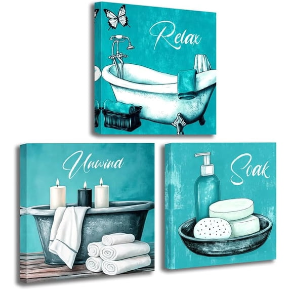 Picteures CCWACPP Teal Bathroom Wall Art 3 Piece Set Relax Soak Unwind Canvas ...