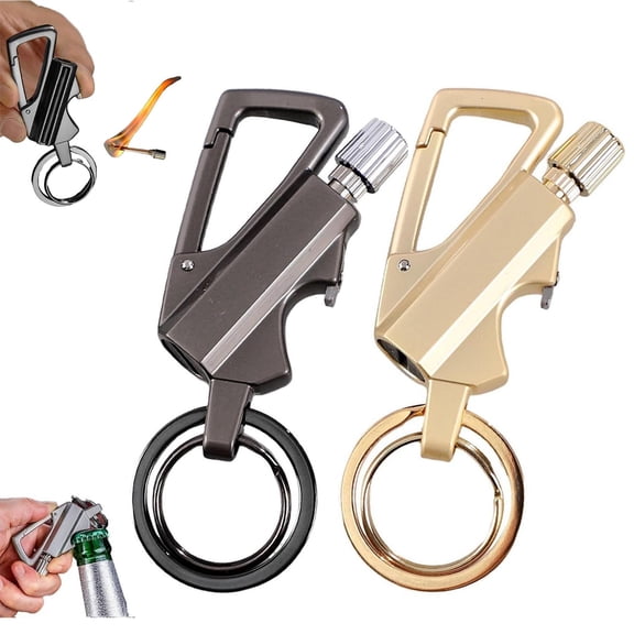 CCWADH 2 Pack Keychain Bottle Opener for Men, Permanent Match with Dual Side Flint Fire Starter, Reusable Matchstick for Outdoor Survival, Everlasting Strike Anywhere Matches, Black Silver