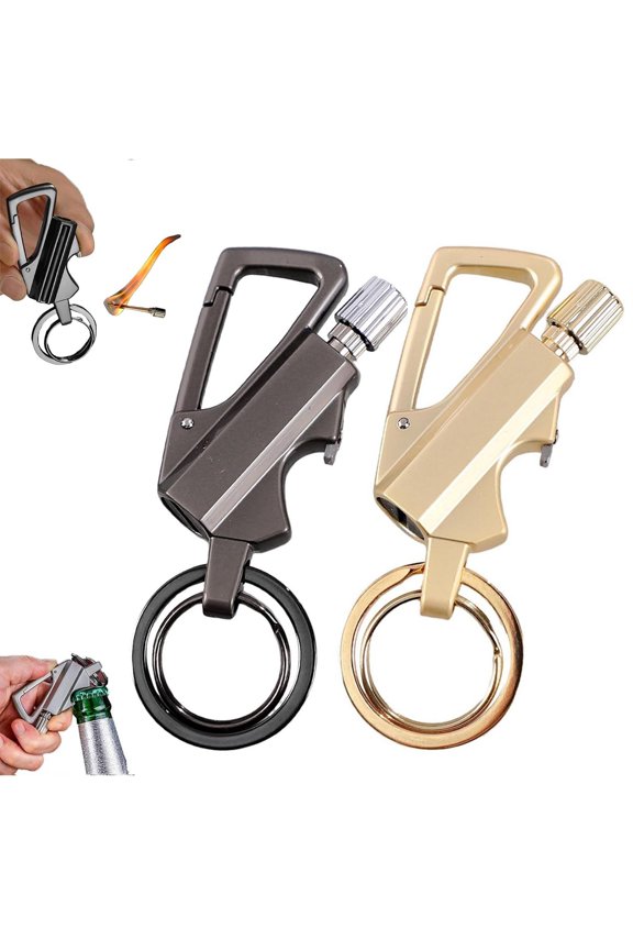 2 Pack Keychain Bottle Opener for Men, Permanent Match with Dual Side Flint Fire Starter, Reusable Matchstick for Outdoor Survival, Everlasting Strike Anywhere Matches, Black Silver