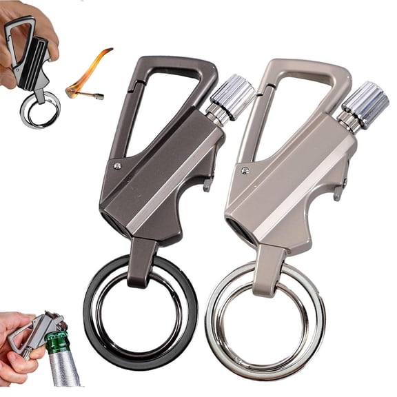 CCWADH 2 Pack Keychain Bottle Opener for Men, Permanent Match with Dual Side Flint Fire Starter, Reusable Matchstick for Outdoor Survival, Everlasting Strike Anywhere Matches, Black Gold