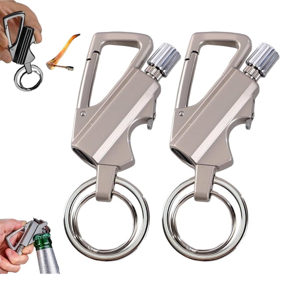 CCWADH 2 Pack Keychain Bottle Opener for Men, Permanent Match with Dual Side Flint Fire Starter, Reusable Matchstick for Outdoor Survival, Everlasting Strike Anywhere Matches, Silver