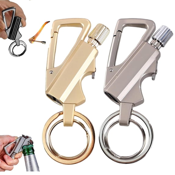 CCWADH 2 Pack Keychain Bottle Opener for Men, Permanent Match with Dual Side Flint Fire Starter, Reusable Matchstick for Outdoor Survival, Everlasting Strike Anywhere Matches, Gold Silver