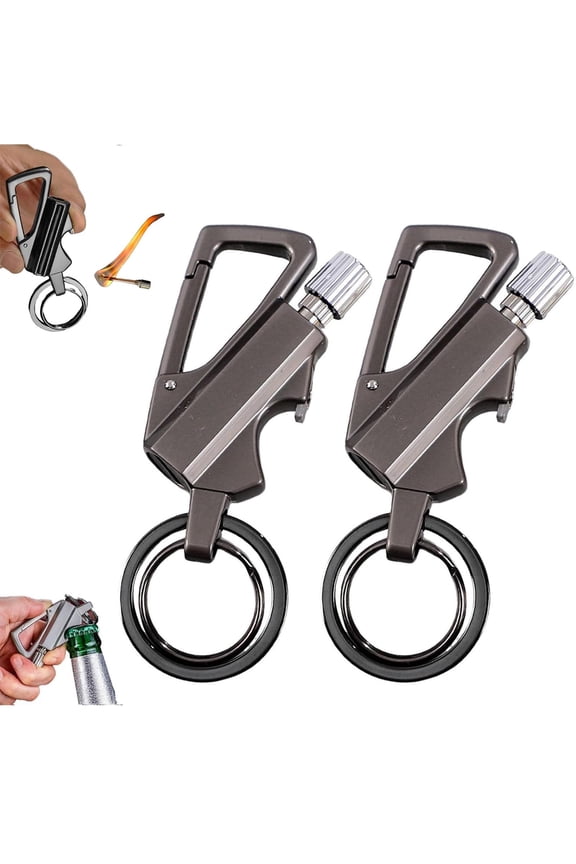 2 Pack Keychain Bottle Opener for Men, Permanent Match with Dual Side Flint Fire Starter, Reusable Matchstick for Outdoor Survival, Everlasting Strike Anywhere Matches, Black