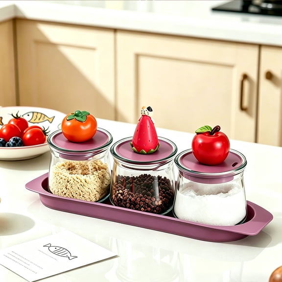 CCWADH 3 Pack Glass Spice Jars with Decorative Lids and Tray - Organized Seasoning Storage for Kitchen Counter and Dining Table