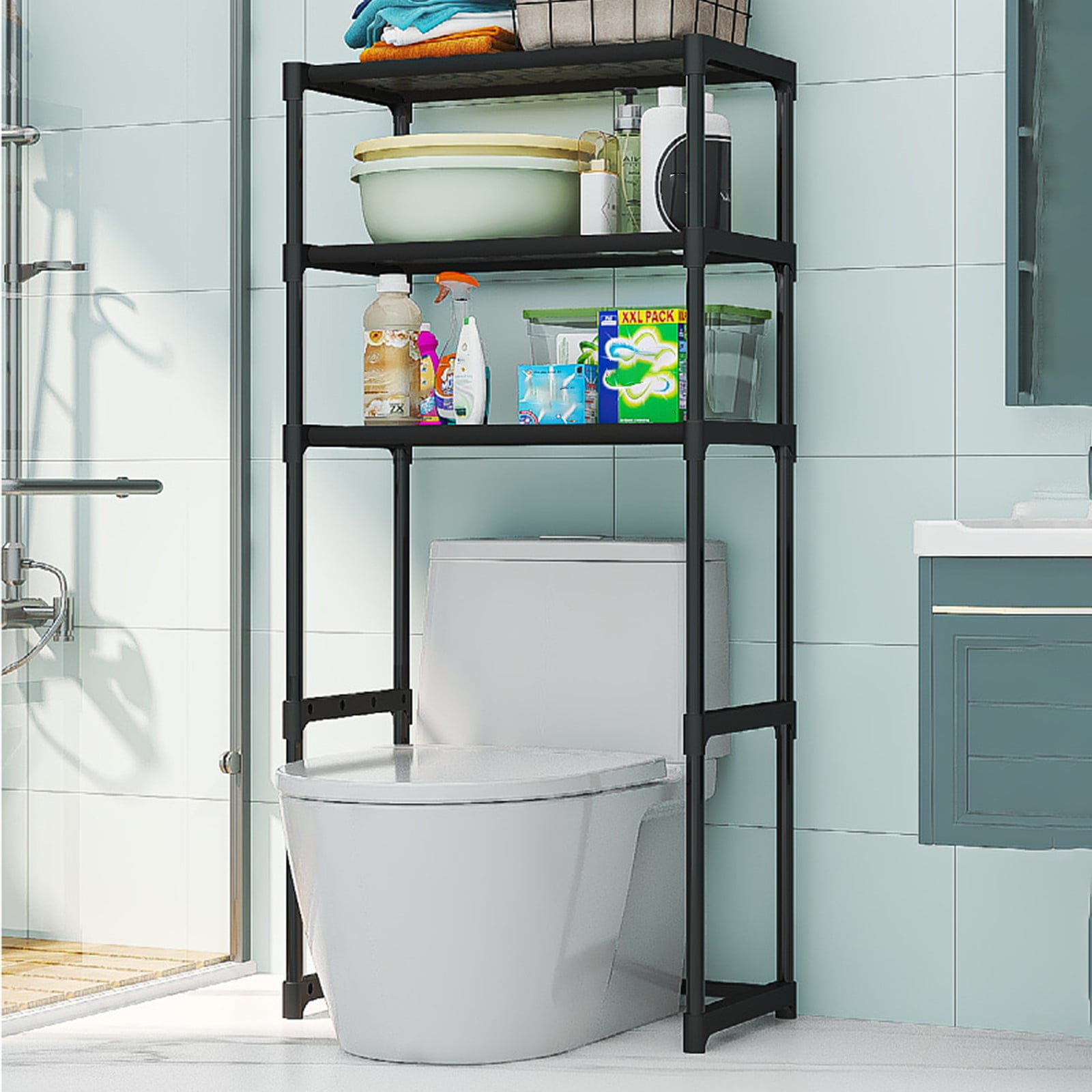CCWADH 3 Tier Over The Toilet Storage Rack, Plastic Bathroom Organizer Shelves Cabinet Above Toilet, Freestanding Shelf Space Saver, Black