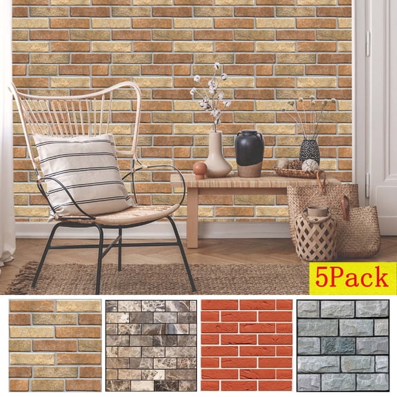 CCWADH 5-Pack Brick Wallpaper Peel and Stick Wall Stickers for Bedroom 11.8" X 11.8" Faux Wallpaper for Fireplace Kitchen Accent Wall Home Decoration Vintage Removable Wall Paper