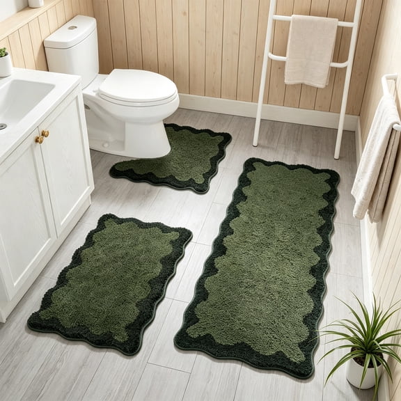 CCWADH Bathroom Rugs Set 3 Piece, Scalloped Non Slip Washable Bath Mat with U-Shaped Toilet Rug, Extra Absorbent Quick Dry Soft Plush Shower Mats for Floor Sink
