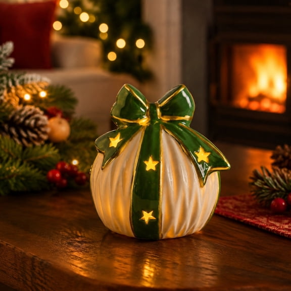CCWADH Ceramic Light Up Christmas Present Ornament - Warm LED Tabletop Night Light for Festive Home Decor, Perfect Holiday Gift for Family and Friends