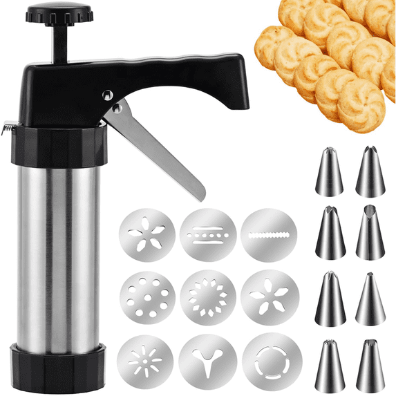 CCWADH Cookie Press Decorating Kit with 16 Discs and 8 Icing Tips, Premium Baking Tool for Cookie Press and Cake Decorating, Stainless Steel Christmas Baking Gifts for Women