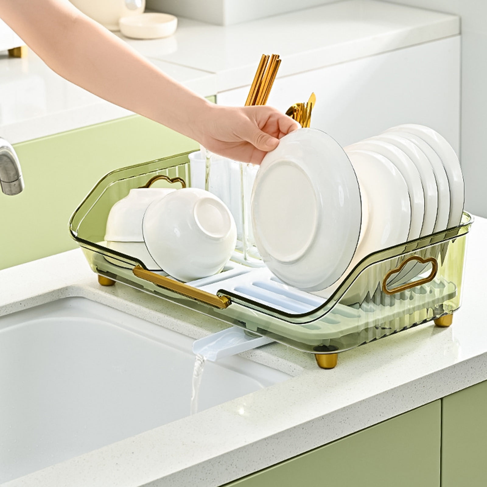CCWADH Dish Drying Rack- Space-Saving Dish Drainers, Dish Racks for Kitchen Counter, Plastic Kitchen Drying Rack,10.8''W x 17''L, Green