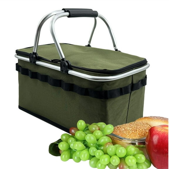 CCWADH Insulated Cooler Bag Multifunctional Collapsible Picnic Basket with Zippered Top, Foldable Leak-Proof Outdoor Basket for Camping Picnic Beach Grocery Bag (Green)
