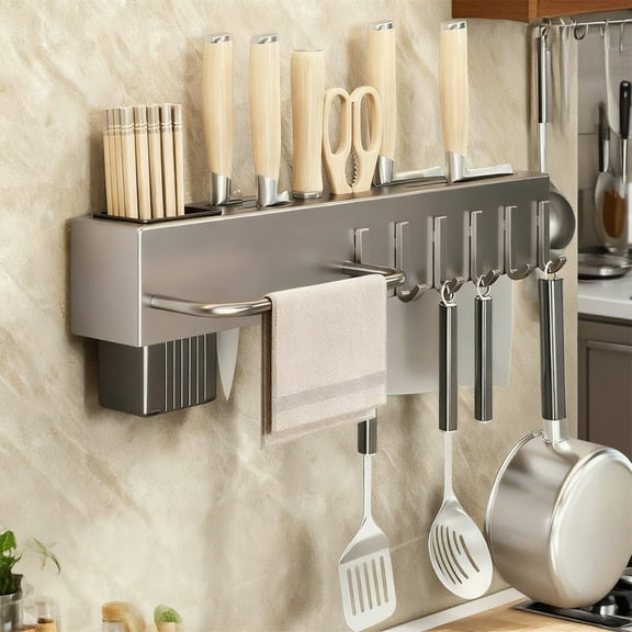 CCWADH Knife Holder, Plastic Knives Holder with 6 Hooks, No Hole kitchen Wall Mounted Multifunctional Chopsticks and Knife Holder for Storing Chopsticks, Knives & Rags, Gray