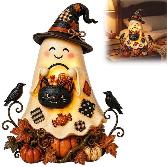 CCWADH Light Up Ghost Halloween Decoration - Cute Witch Hat Figurine with Candy Bucket for Cozy Indoor Decor, Perfect for Mantels and Fall Tabletop Displays