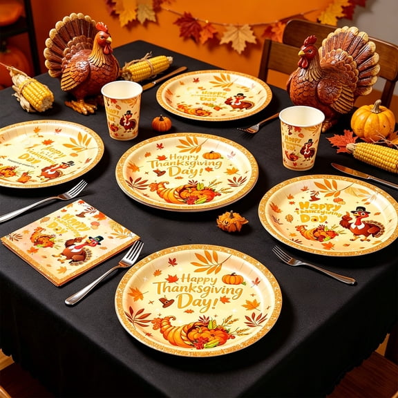 CCWADH Thanksgiving Disposable Dinnerware Set - Heavy Duty Plates, Cups & Tissue for Fall Theme Parties, Ideal for Thanksgiving Celebrations & Gatherings