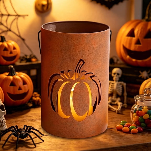CCWADH Vintage Pumpkin Metal Candle Buckets for Fall Halloween Decor - Weathered Design with Handle for Indoor/Outdoor Use, Perfect for Porch and Entryway Display