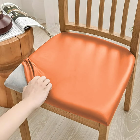 CCWADH Waterproof PU Leather Seat Covers for Dining Chairs, 2 Pack Stretch Dining Room Chair Seat Covers, Kitchen Chair Seat Covers Protectors (Orange)