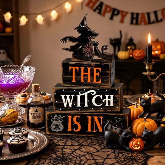 CCWADH Wooden Witch Stacking Blocks for Halloween Tabletop Decor - Versatile Centerpiece for Home Shelf, Mantel & Fall Gatherings - Charming Gift for Decor Enthusiasts