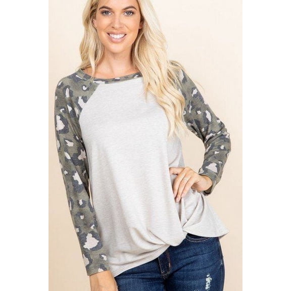 CCWHOLESALESCLOTHINGS Women's Casual French Terry Side Twist Top With Animal Print