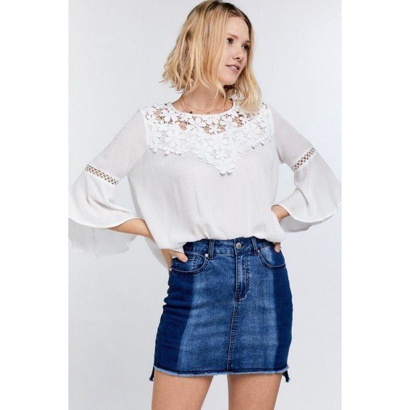 CCWHOLESALESCLOTHINGS by Off-White Floral Mesh Lace Accent Yoke Crochet Detailed Tie-back Bell Sleeve Blouse, Size S