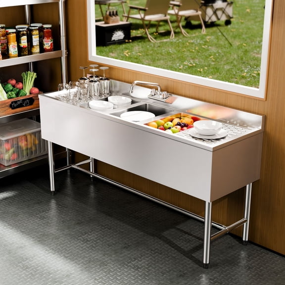 CCY 3 Compartment Sink, 18-Gauge 304 Stainless Steel, 10" x 14" x 10" Bowl Size, 3 Bay Commercial Under Bar Sink with Double Drainboard and Backsplash for Kitchen, Restaurant, Food Truck & Home Use