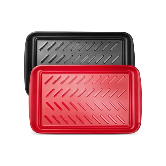 VEVOR Plastic Serving Trays, 2-Pack Grilling Prep and Serve Trays with Handles , 17x10.35 Inch Anti-Slip Melamine Food Tray, Ideal for BBQ, Kitchen, Cafeteria, Ottoman, Coffee Table, Black and Red