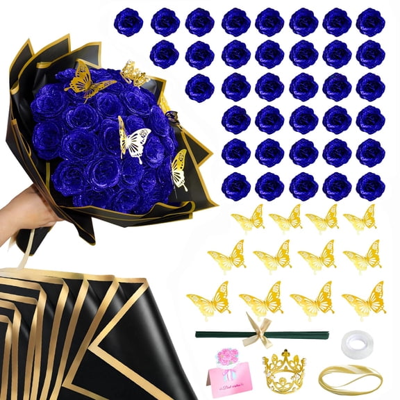 CCYXSHOW DIY Glitter Blue Roses Bouquet - 36 Pack Artificial Rose Bouquet Shiny Fake Eternal Floral Bouquets for Graduations Wedding Anniversary Birthday for Her Y101