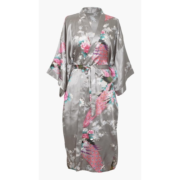 CCcollections Long Kimono Robe for Women, Good Quality Lightweight Stunning Luxury Style Peacock Bridesmaid Robe with Wide V-Shaped Neckline Bridal Shower, Birthday Womens Gift (Grey)